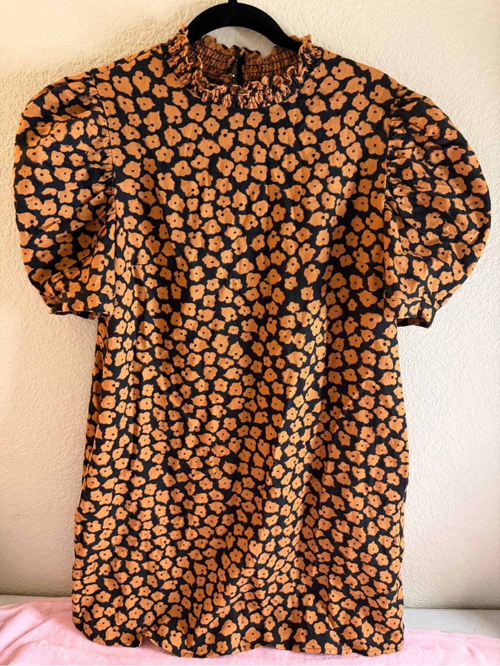 Puff Sleeve Mini Dress in Black and Orange Floral